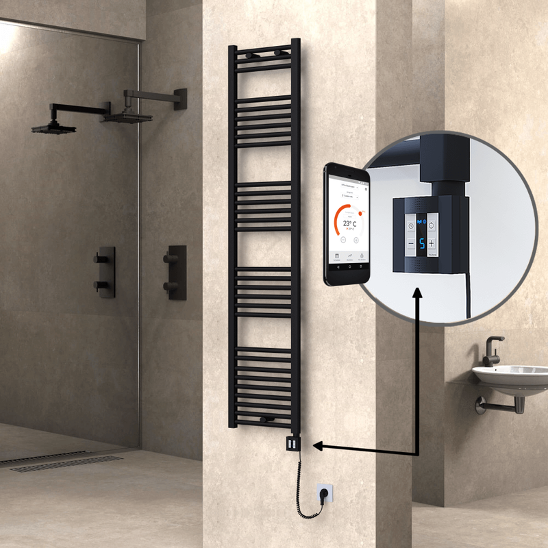 Haiti Electric Towel Warmer 400x1800 Flat Black Matt (KTX4 Thermostat) 600 Watt Spiral Cable