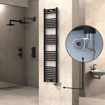 Radiva - Haiti Electric Towel Warmer 400x1800 Flat Black Matt (Thesis Thermostat) 600 Watt