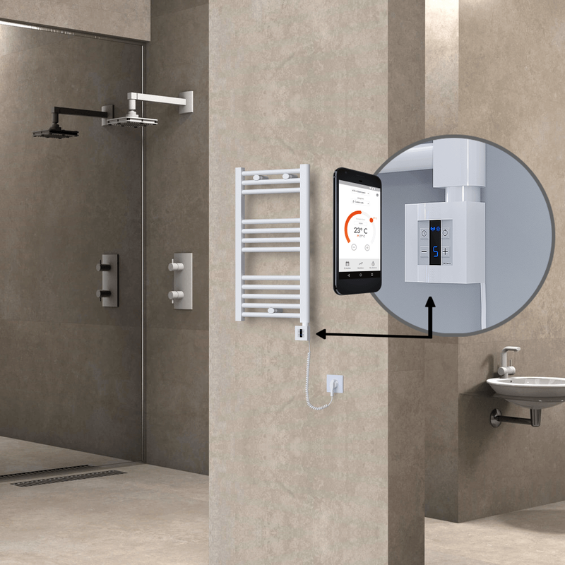 Haiti Electric Towel Warmer 400x700 Flat White Gloss (KTX4 Thermostat) 300 Watt Spiral Cable