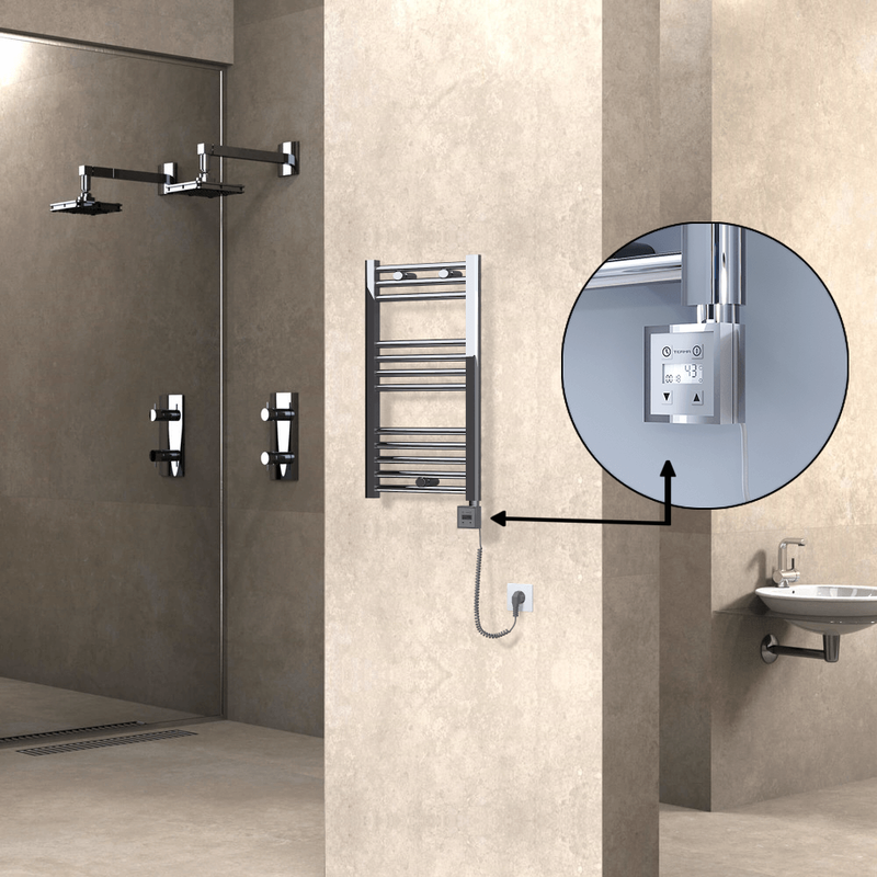 Haiti Electric Towel Warmer 400x700 Flat Chrome (KTX3 Thermostat) 200 Watt Spiral Cable