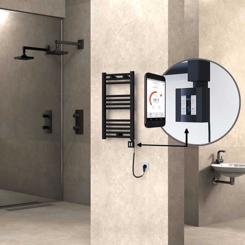 Haiti Electric Towel Warmer 400x700 Flat Black Matt (KTX4 Thermostat) 300 Watt Spiral Cable