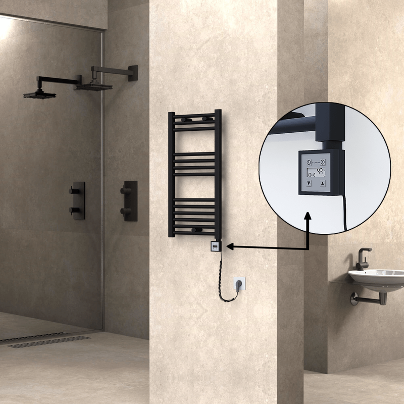 Haiti Electric Towel Warmer 400x800 Flat Black Matt (KTX3 Thermostat) 300 Watt Spiral Cable
