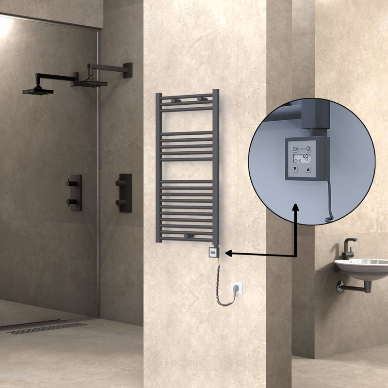 Haiti Electric Towel Warmer 500x1000 Flat Anthracite Textured (KTX3 Thermostat) 600 Watt Spiral Cable