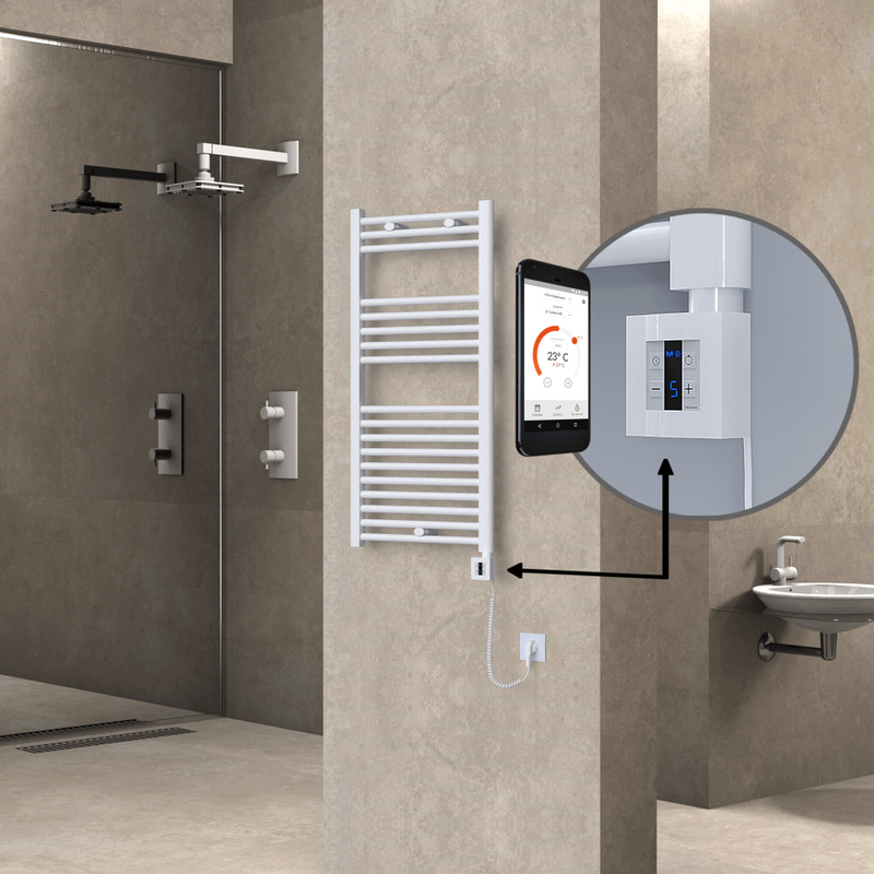 Haiti Electric Towel Warmer 500x1000 Flat White Gloss (KTX4 Thermostat) 600 Watt Spiral Cable