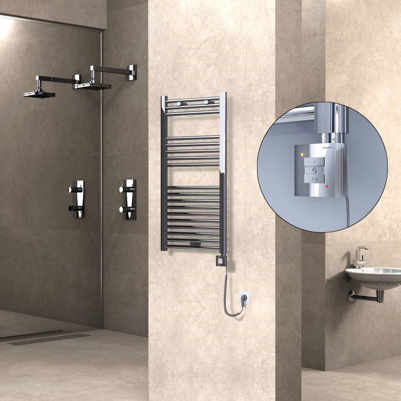 Haiti Electric Towel Warmer 500x1000 Flat Chrome (KTX1 Thermostat) 300 Watt Spiral Cable