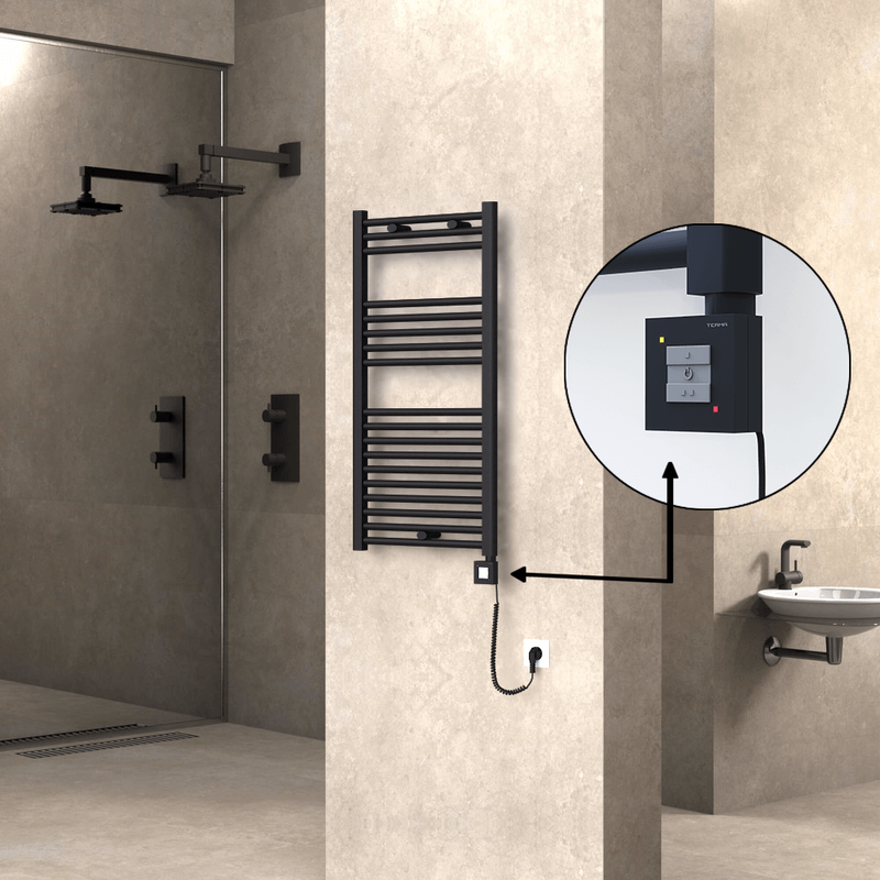 Haiti Electric Towel Warmer 500x1000 Flat Black Matt (KTX1 Thermostat) 600 Watt Spiral Cable