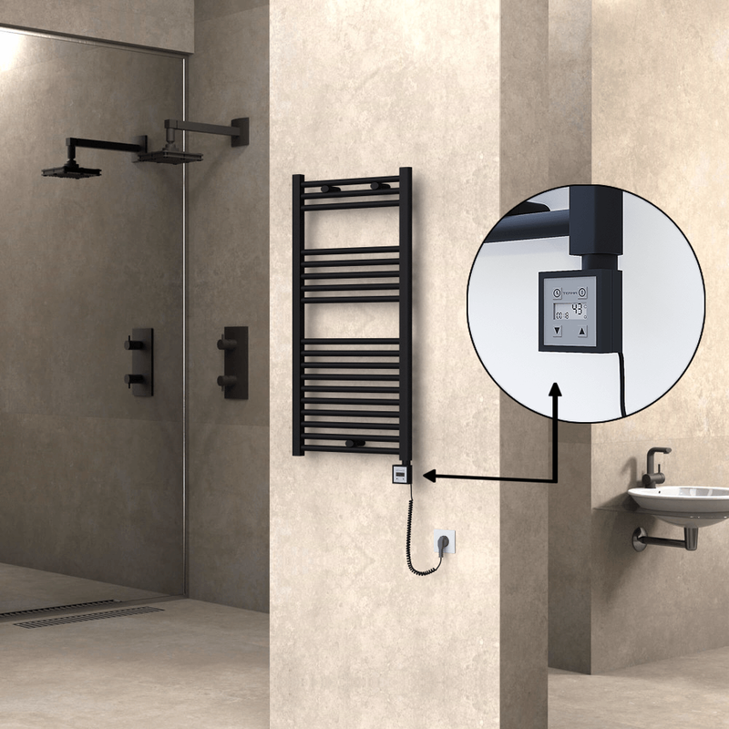 Haiti Electric Towel Warmer 500x1000 Flat Black Matt (KTX3 Thermostat) 600 Watt Spiral Cable