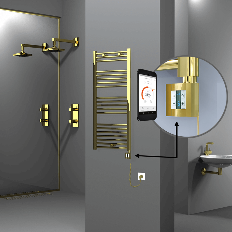 Haiti Electric Towel Warmer 500x1100 Flat Gold (KTX4 Thermostat) 300 Watt Spiral Cable