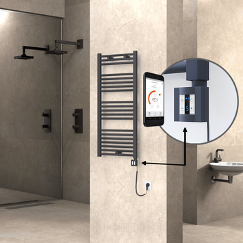 Radiva - Haiti Electric Towel Warmer 500x1100 Flat Anthracite Textured (KTX4 Thermostat) 600 Watt Spiral Cable