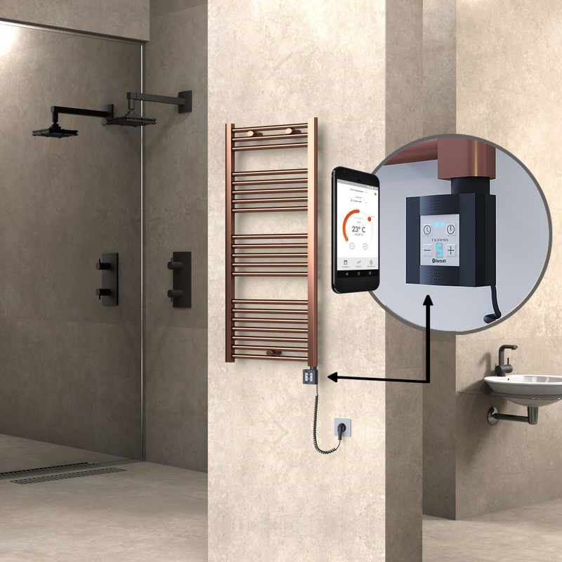 Haiti Electric Towel Warmer 500x1100 Flat Antique Copper Gloss (KTX4 Thermostat) 300 Watt Spiral Cable