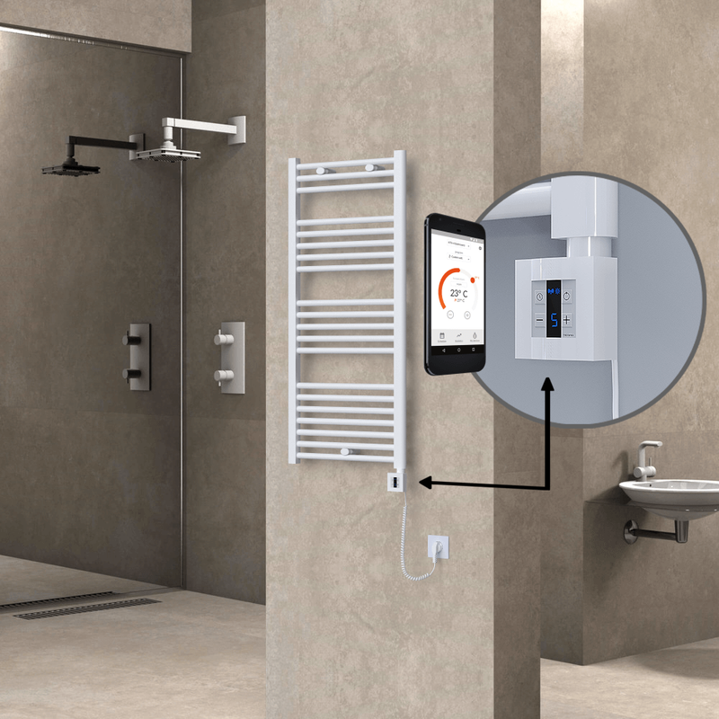 Haiti Electric Towel Warmer 500x1100 Flat White Gloss (KTX4 Thermostat) 600 Watt Spiral Cable