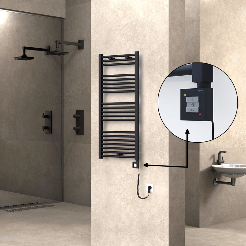 Haiti Electric Towel Warmer 500x1100 Flat Black Matt (KTX1 Thermostat) 600 Watt Spiral Cable