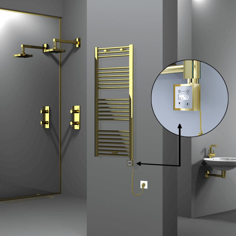 Haiti Electric Towel Warmer 500x1200 Flat Gold (KTX3 Thermostat) 300 Watt Spiral Cable
