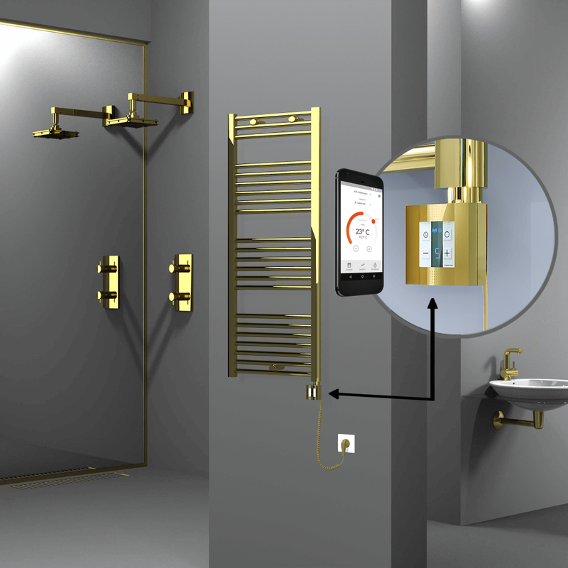 Haiti Electric Towel Warmer 500x1200 Flat Gold (KTX4 Thermostat) 300 Watt Spiral Cable