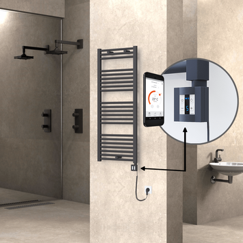 Radiva - Haiti Electric Towel Warmer 500x1200 Flat Anthracite Textured (KTX4 Thermostat) 600 Watt Spiral Cable