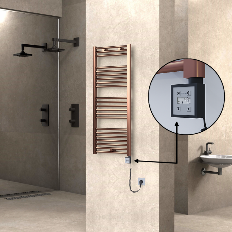 Haiti Electric Towel Warmer 500x1200 Flat Antique Copper Gloss (KTX3 Thermostat) 300 Watt Spiral Cable