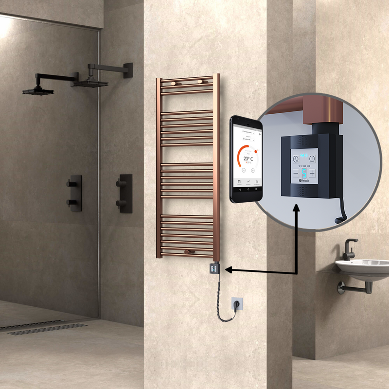 Haiti Electric Towel Warmer 500x1200 Flat Antique Copper Gloss (KTX4 Thermostat) 300 Watt Spiral Cable