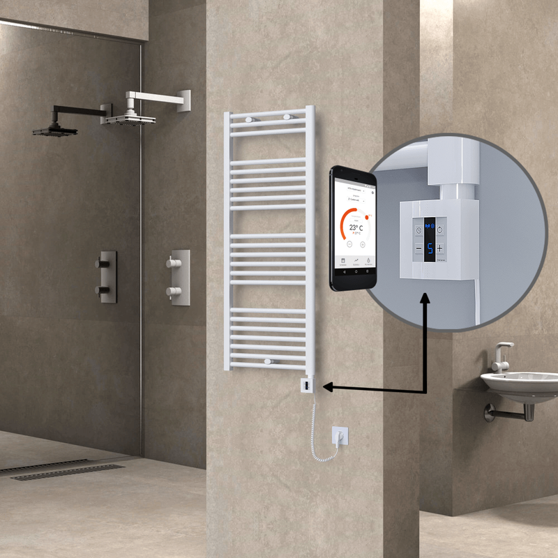 Haiti Electric Towel Warmer 500x1200 Flat White Gloss (KTX4 Thermostat) 600 Watt Spiral Cable