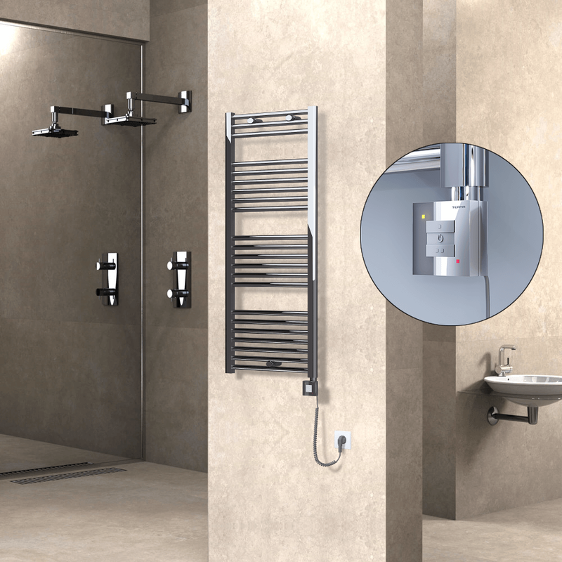 Haiti Electric Towel Warmer 500x1200 Flat Chrome (KTX1 Thermostat) 300 Watt Spiral Cable