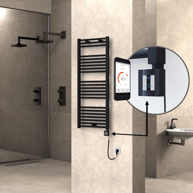 Haiti Electric Towel Warmer 500x1200 Flat Black Matt (KTX4 Thermostat) 600 Watt Spiral Cable