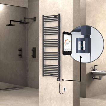 Radiva - Haiti Electric Towel Warmer 500x1500 Flat Anthracite Textured (KTX4 Thermostat) 600 Watt Spiral Cable