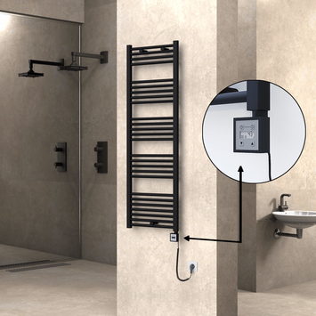 Radiva - Haiti Electric Towel Warmer 500x1500 Flat Black Matt (KTX3 Thermostat) 600 Watt Spiral Cable