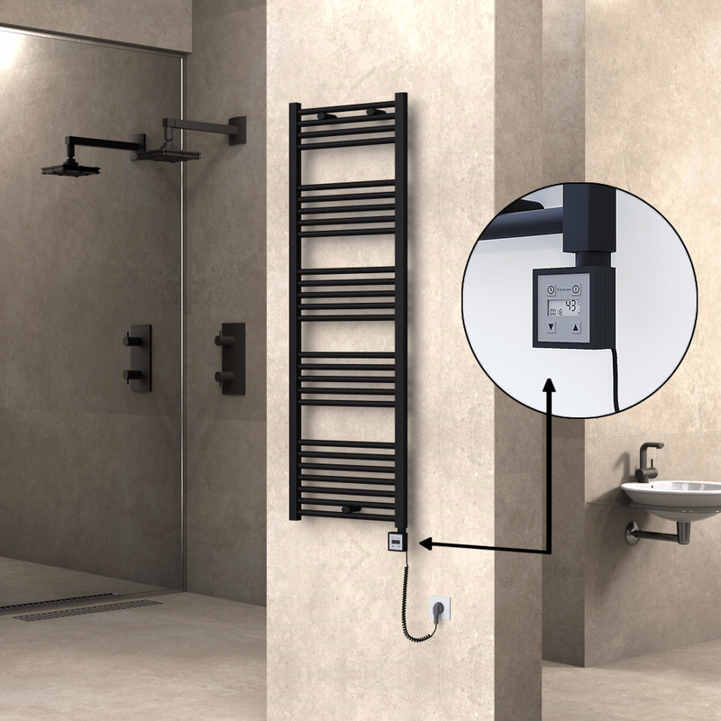 Haiti Electric Towel Warmer 500x1500 Flat Black Matt (KTX3 Thermostat) 600 Watt Spiral Cable