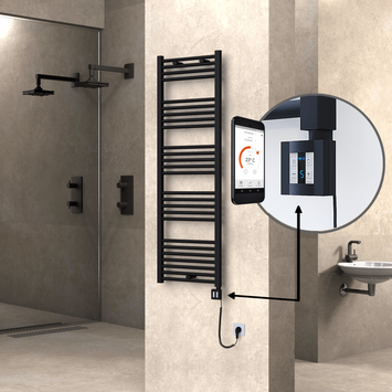 Radiva - Haiti Electric Towel Warmer 500x1500 Flat Black Matt (KTX4 Thermostat) 600 Watt Spiral Cable