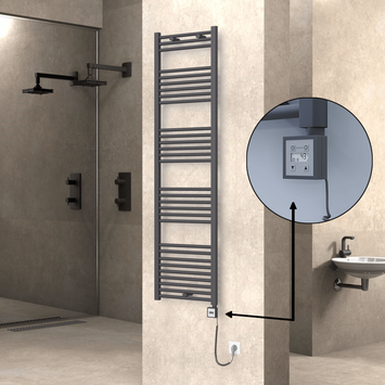 Radiva - Haiti Electric Towel Warmer 500x1800 Flat Anthracite Textured (KTX3 Thermostat) 1000 Watt Spiral Cable