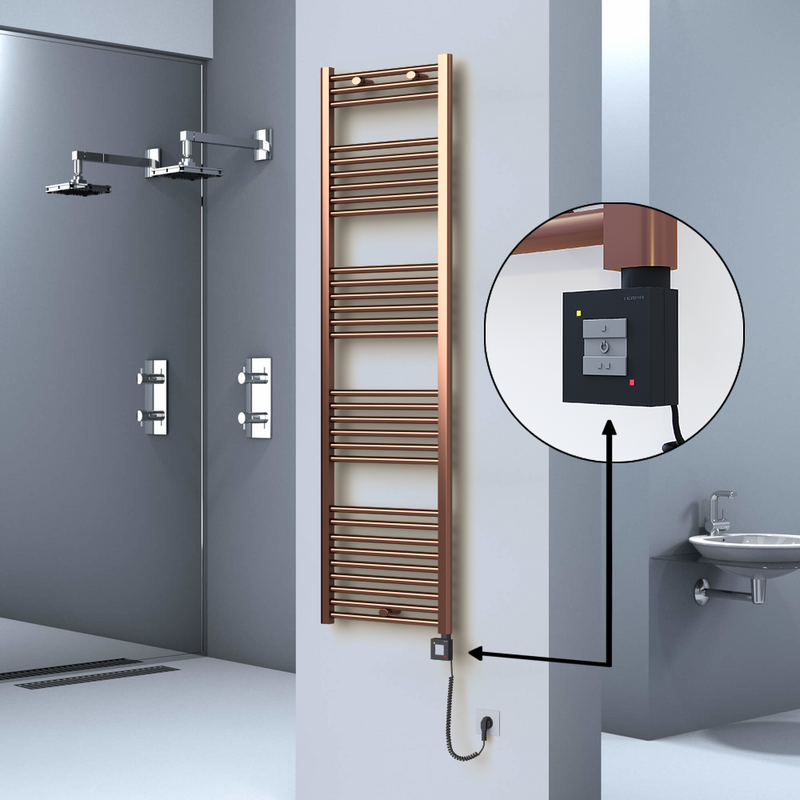 Haiti Electric Towel Warmer 500x1800 Flat Antique Copper Gloss (KTX1 Thermostat) 600 Watt Spiral Cable