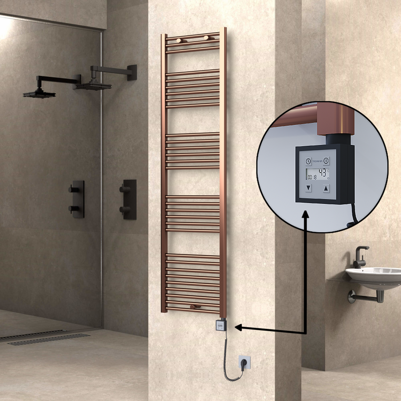 Haiti Electric Towel Warmer 500x1800 Flat Antique Copper Gloss (KTX3 Thermostat) 600 Watt Spiral Cable