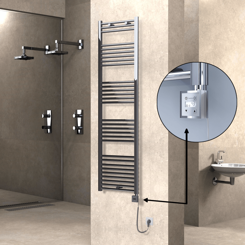 Haiti Electric Towel Warmer 500x1800 Flat Chrome (KTX3 Thermostat) 600 Watt Spiral Cable