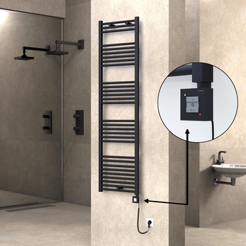 Radiva - Haiti Electric Towel Warmer 500x1800 Flat Black Matt (KTX1 Thermostat) 1000 Watt Spiral Cable