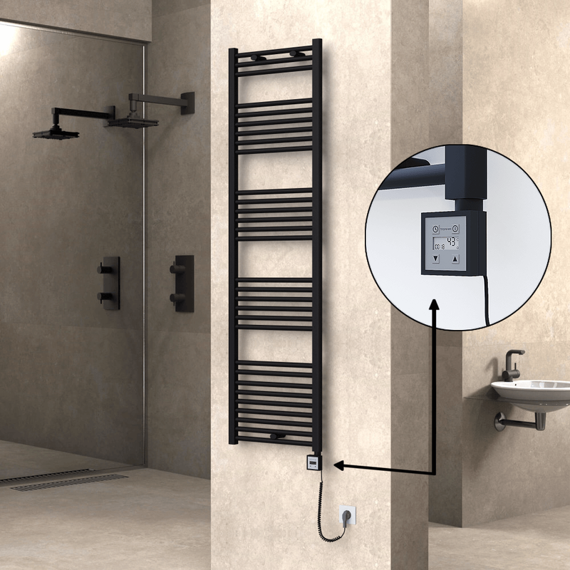 Haiti Electric Towel Warmer 500x1800 Flat Black Matt (KTX3 Thermostat) 1000 Watt Spiral Cable