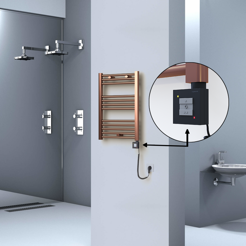 Haiti Electric Towel Warmer 500x700 Flat Antique Copper Gloss (KTX1 Thermostat) 200 Watt Spiral Cable