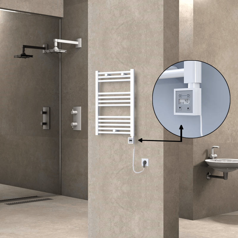 Haiti Electric Towel Warmer 500x700 Flat White Gloss (KTX3 Thermostat) 300 Watt Spiral Cable