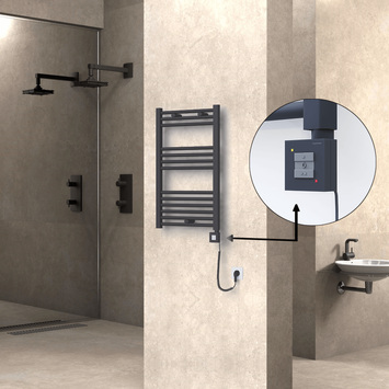 Radiva - Haiti Electric Towel Warmer 500x800 Flat Anthracite Textured (KTX1 Thermostat) 300 Watt Spiral Cable