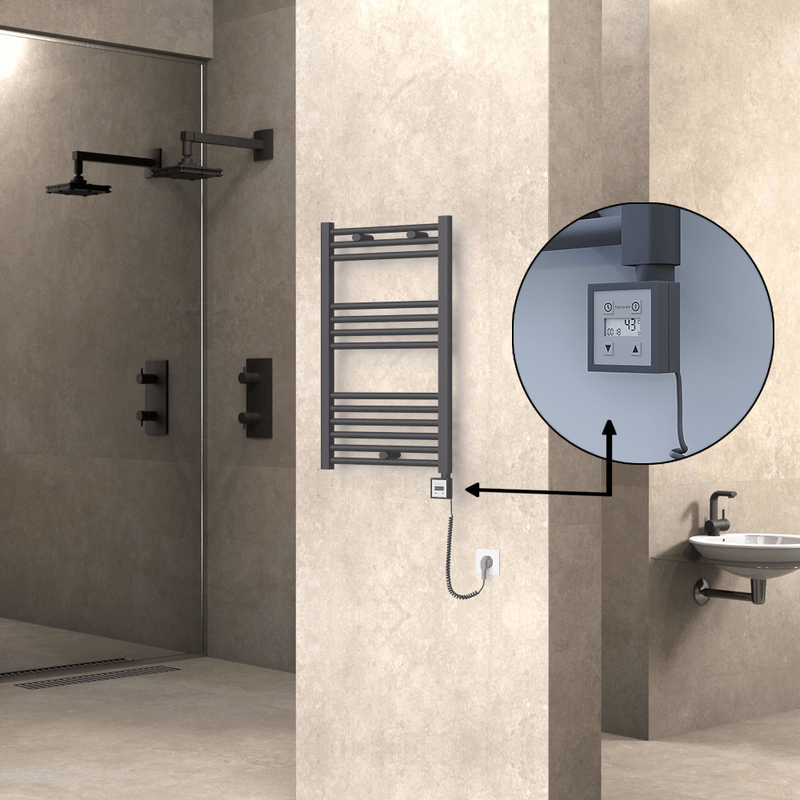 Haiti Electric Towel Warmer 500x800 Flat Anthracite Textured (KTX3 Thermostat) 300 Watt Spiral Cable