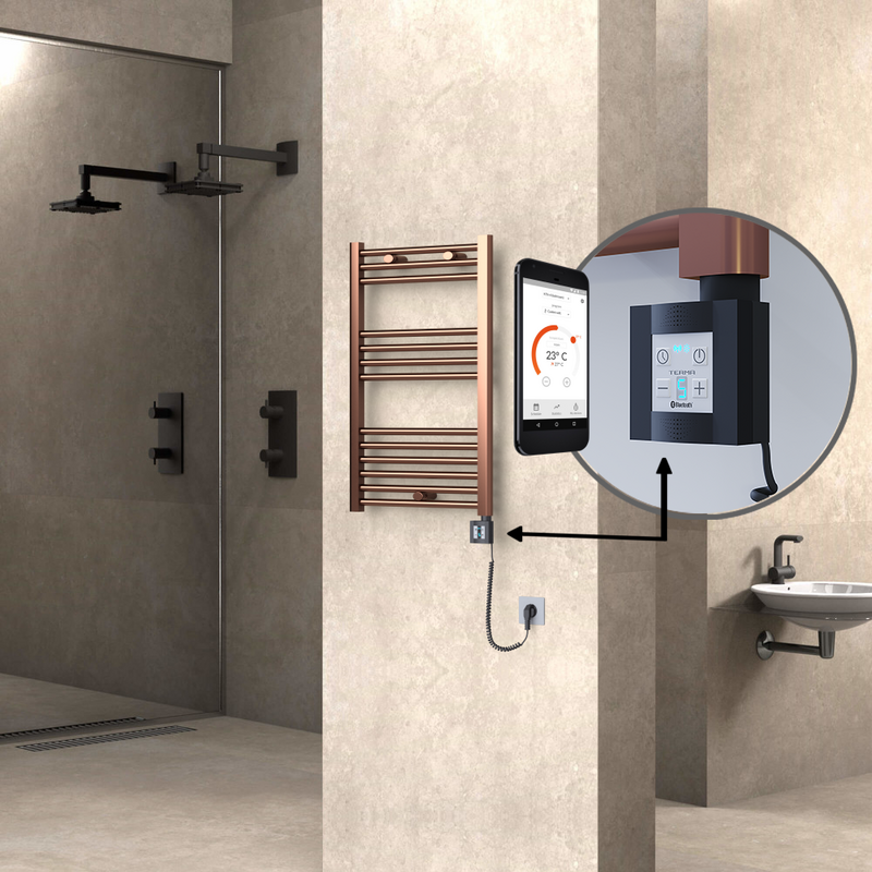 Haiti Electric Towel Warmer 500x800 Flat Antique Copper Gloss (KTX4 Thermostat) 200 Watt Spiral Cable