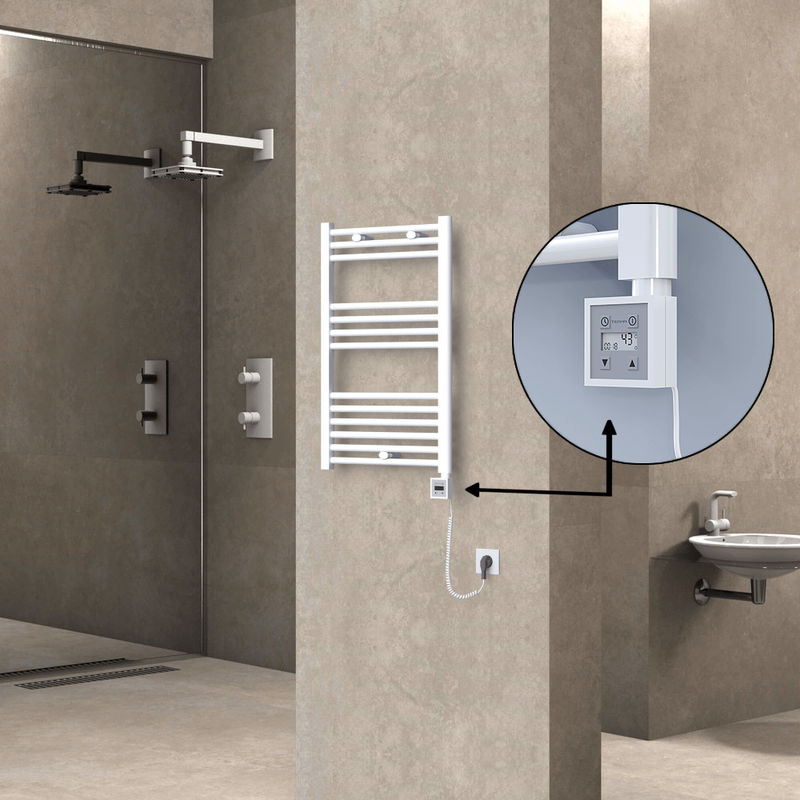 Haiti Electric Towel Warmer 500x800 Flat White Gloss (KTX3 Thermostat) 300 Watt Spiral Cable