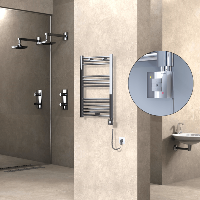 Haiti Electric Towel Warmer 500x800 Flat Chrome (KTX1 Thermostat) 200 Watt Spiral Cable
