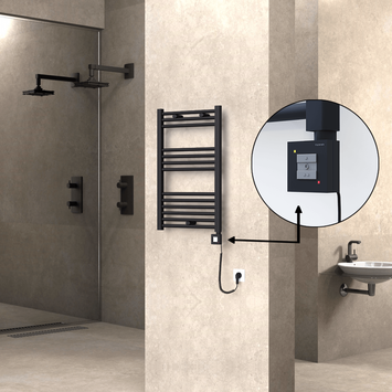 Radiva - Haiti Electric Towel Warmer 500x800 Flat Black Matt (KTX1 Thermostat) 300 Watt Spiral Cable