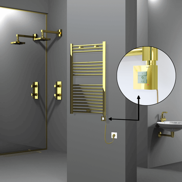 Radiva - Haiti Electric Towel Warmer 600x1000 Flat Gold (KTX1 Thermostat) 300 Watt Spiral Cable