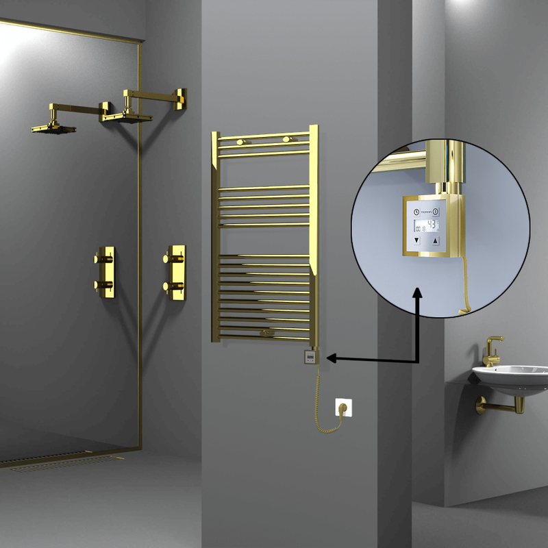 Haiti Electric Towel Warmer 600x1000 Flat Gold (KTX3 Thermostat) 300 Watt Spiral Cable