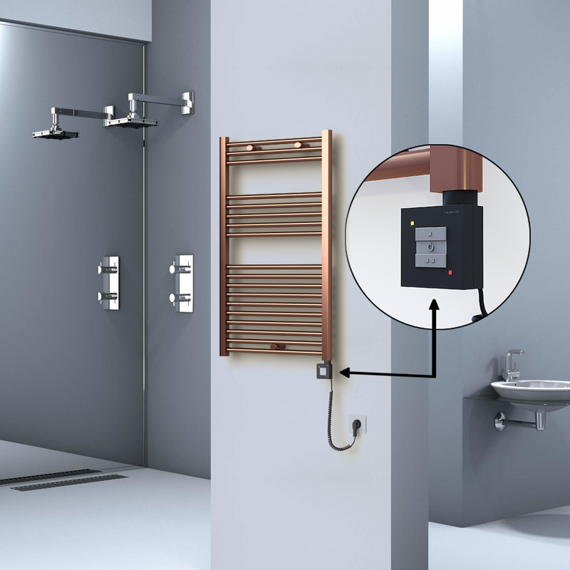 Haiti Electric Towel Warmer 600x1000 Flat Antique Copper Gloss (KTX1 Thermostat) 300 Watt Spiral Cable