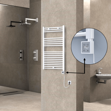  - Haiti Electric Towel Warmer 600x1000 Flat White Gloss (KTX3 Thermostat) 600 Watt Spiral Cable