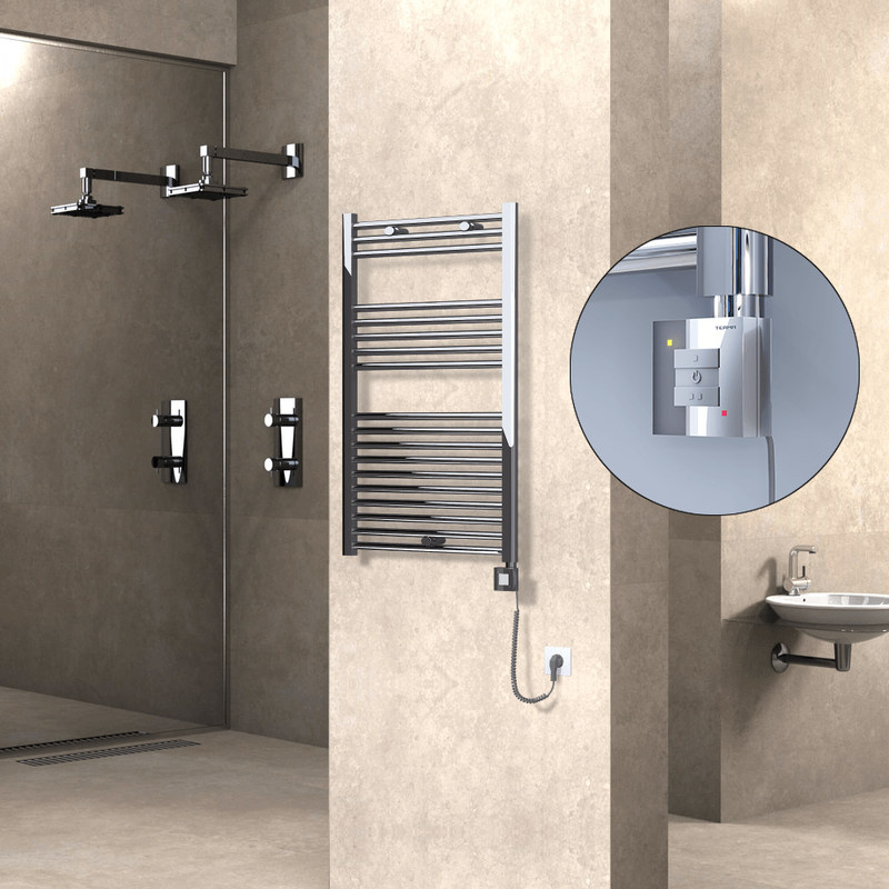 Haiti Electric Towel Warmer 600x1000 Flat Chrome (KTX1 Thermostat) 300 Watt Spiral Cable