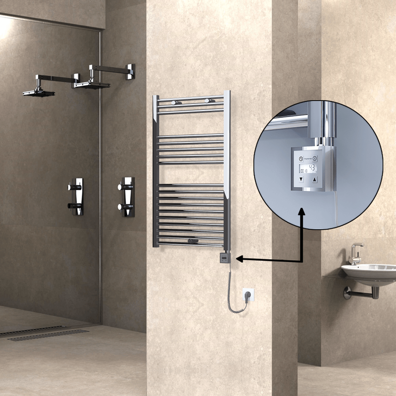 Haiti Electric Towel Warmer 600x1000 Flat Chrome (KTX3 Thermostat) 300 Watt Spiral Cable