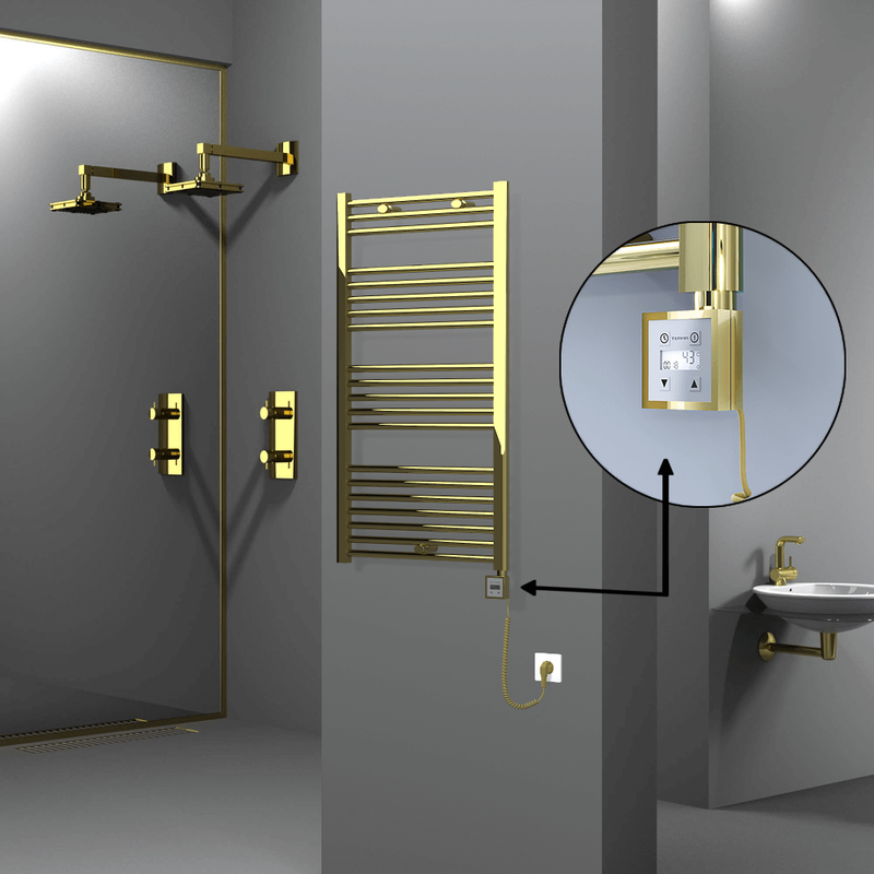 Haiti Electric Towel Warmer 600x1100 Flat Gold (KTX3 Thermostat) 300 Watt Spiral Cable