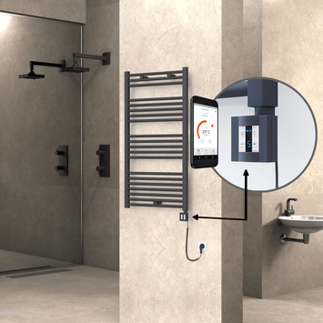 Radiva - Haiti Electric Towel Warmer 600x1100 Flat Anthracite Textured (KTX4 Thermostat) 600 Watt Spiral Cable